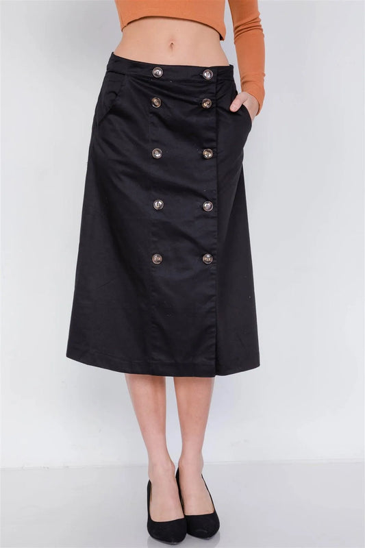 Black Double Button Cotton A-Line Midi Skirt /2-2-2 - Tasha Apparel Wholesale
