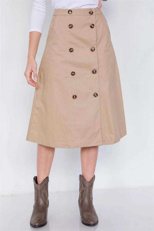 Taupe Double Button Cotton A-Line Midi Skirt /2-2-2 - Tasha Apparel Wholesale
