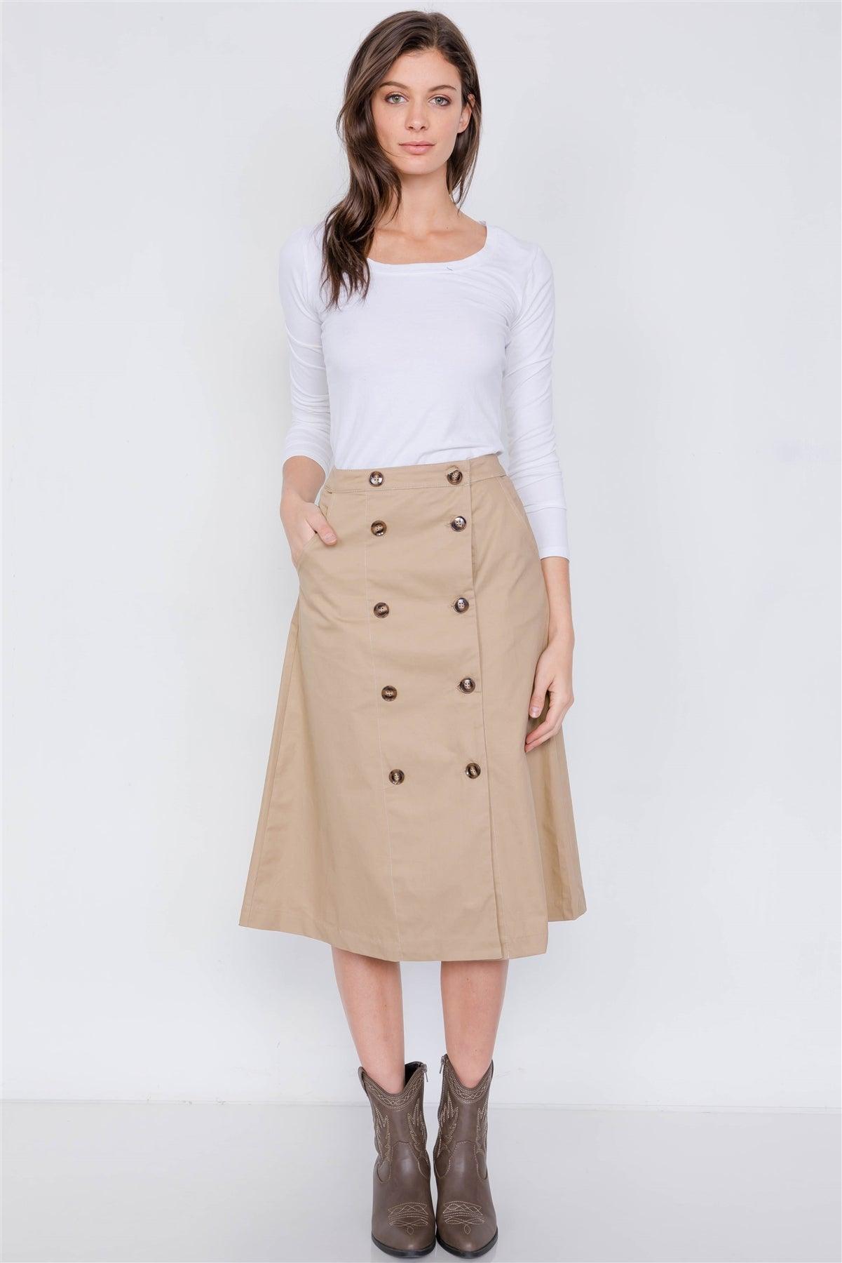 Taupe Double Button Cotton A-Line Midi Skirt /2-2-2