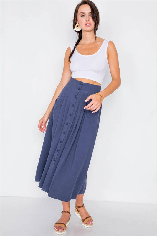 Navy High-Waisted Flare Pleated Midi Skirt /2-2-2 - Tasha Apparel Wholesale