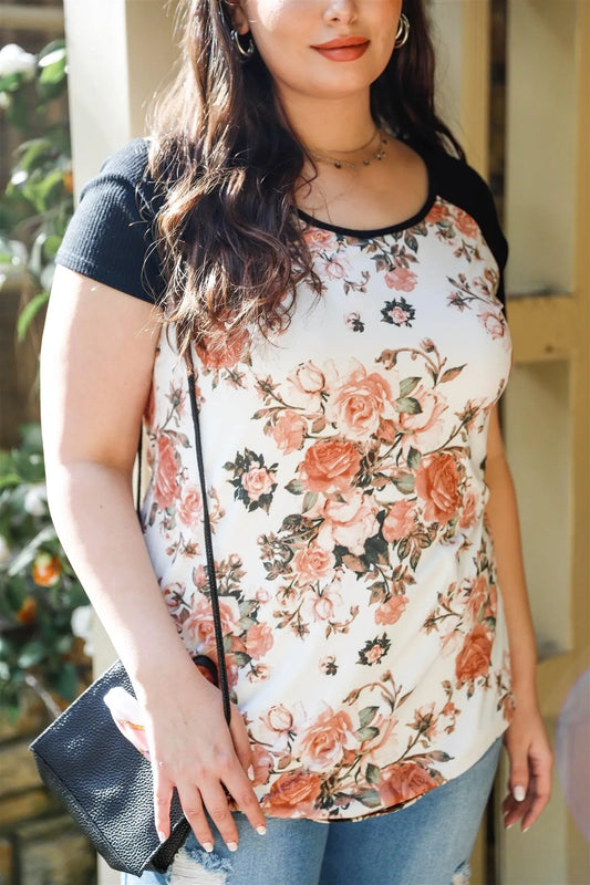 Junior Plus Cream Floral Print & Ribbed Black Colorblock Top /2-2-2 - Tasha Apparel Wholesale