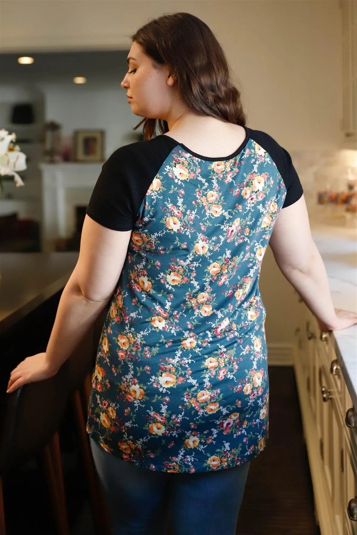 Junior Plus Green Floral Print & Ribbed Black Colorblock Top /2-2-2 - Tasha Apparel Wholesale
