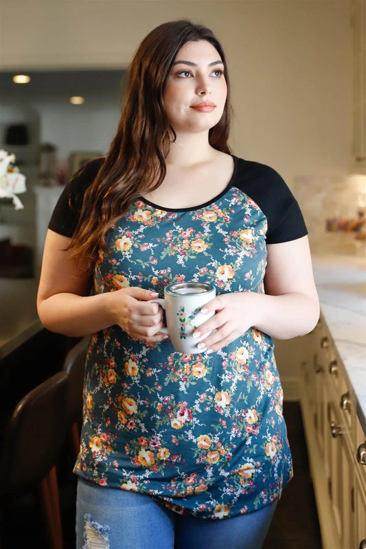 Junior Plus Green Floral Print & Ribbed Black Colorblock Top /4-3 - Tasha Apparel Wholesale