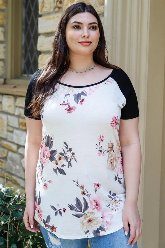 Junior Plus Ivory Floral Print & Ribbed Black Colorblock Top /2-2-2 - Tasha Apparel Wholesale