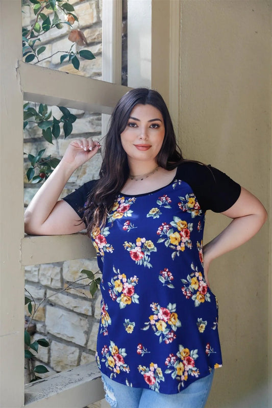 Junior Plus Navy Floral Print & Ribbed Black Colorblock Top /2-2-2 - Tasha Apparel Wholesale