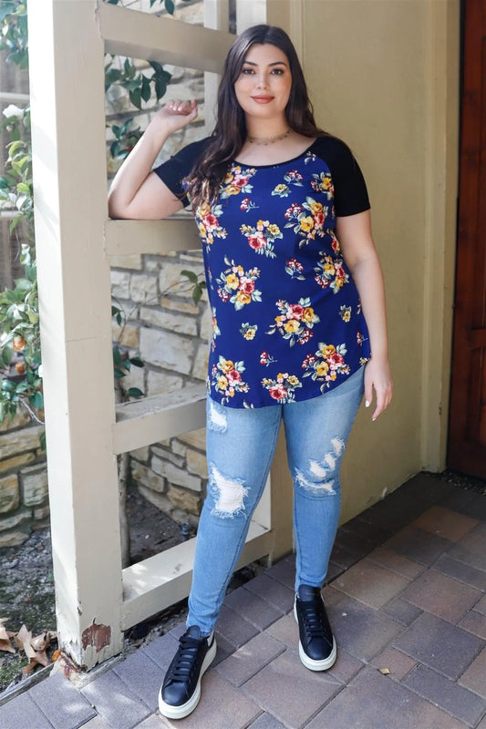 Junior Plus Navy Floral Print & Ribbed Black Colorblock Top /4-3 - Tasha Apparel Wholesale