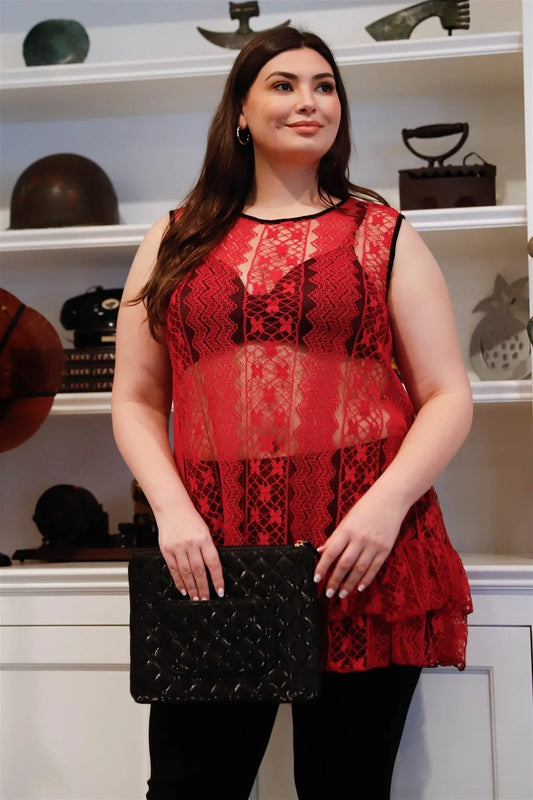 Junior Plus Burgundy Lace Sheer Ruffle Hem Sleeveless Maxi Top /2-2-2 - Tasha Apparel Wholesale