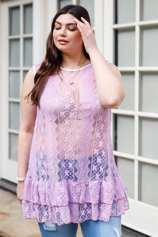 Junior Plus Lavender Lace Sheer Ruffle Hem Sleeveless Maxi Top /1-1-2 - Tasha Apparel Wholesale