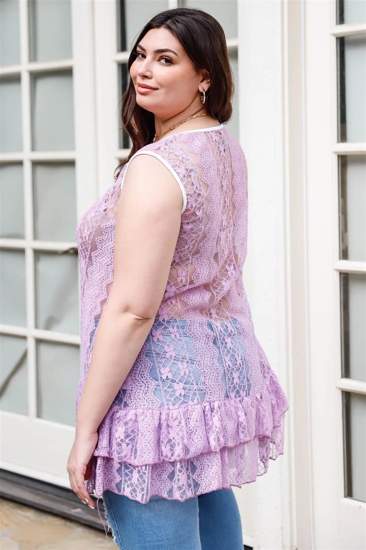Junior Plus Lavender Lace Sheer Ruffle Hem Sleeveless Maxi Top /1-1-2 - Tasha Apparel Wholesale