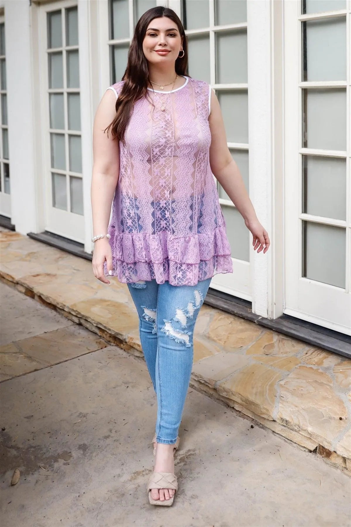 Junior Plus Lavender Lace Sheer Ruffle Hem Sleeveless Maxi Top /1-1-2 - Tasha Apparel Wholesale