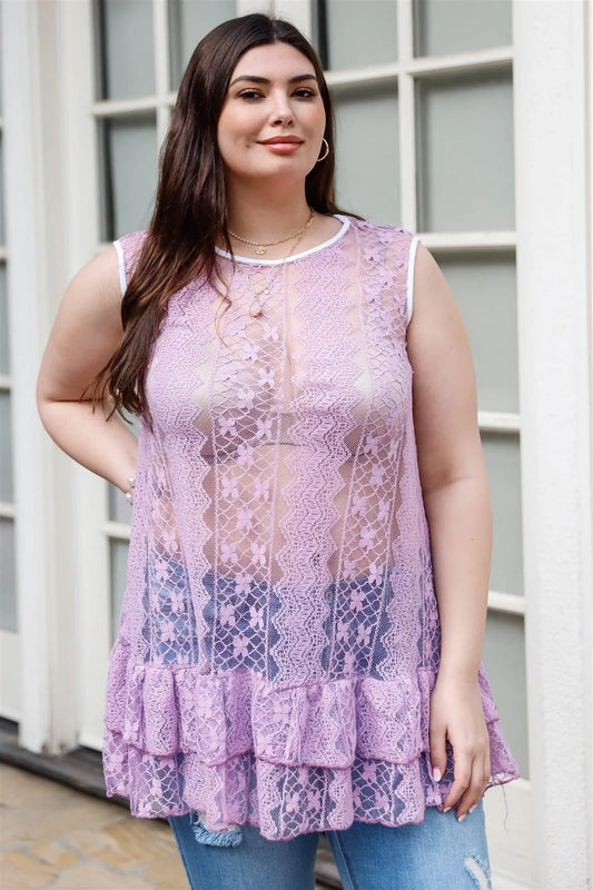 Junior Plus Lavender Lace Sheer Ruffle Hem Sleeveless Maxi Top /2-2-2 - Tasha Apparel Wholesale