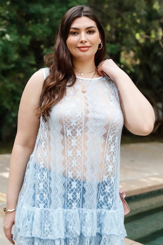 Junior Plus Light Blue Lace Sheer Ruffle Hem Sleeveless Maxi Top /2-2-2 - Tasha Apparel Wholesale