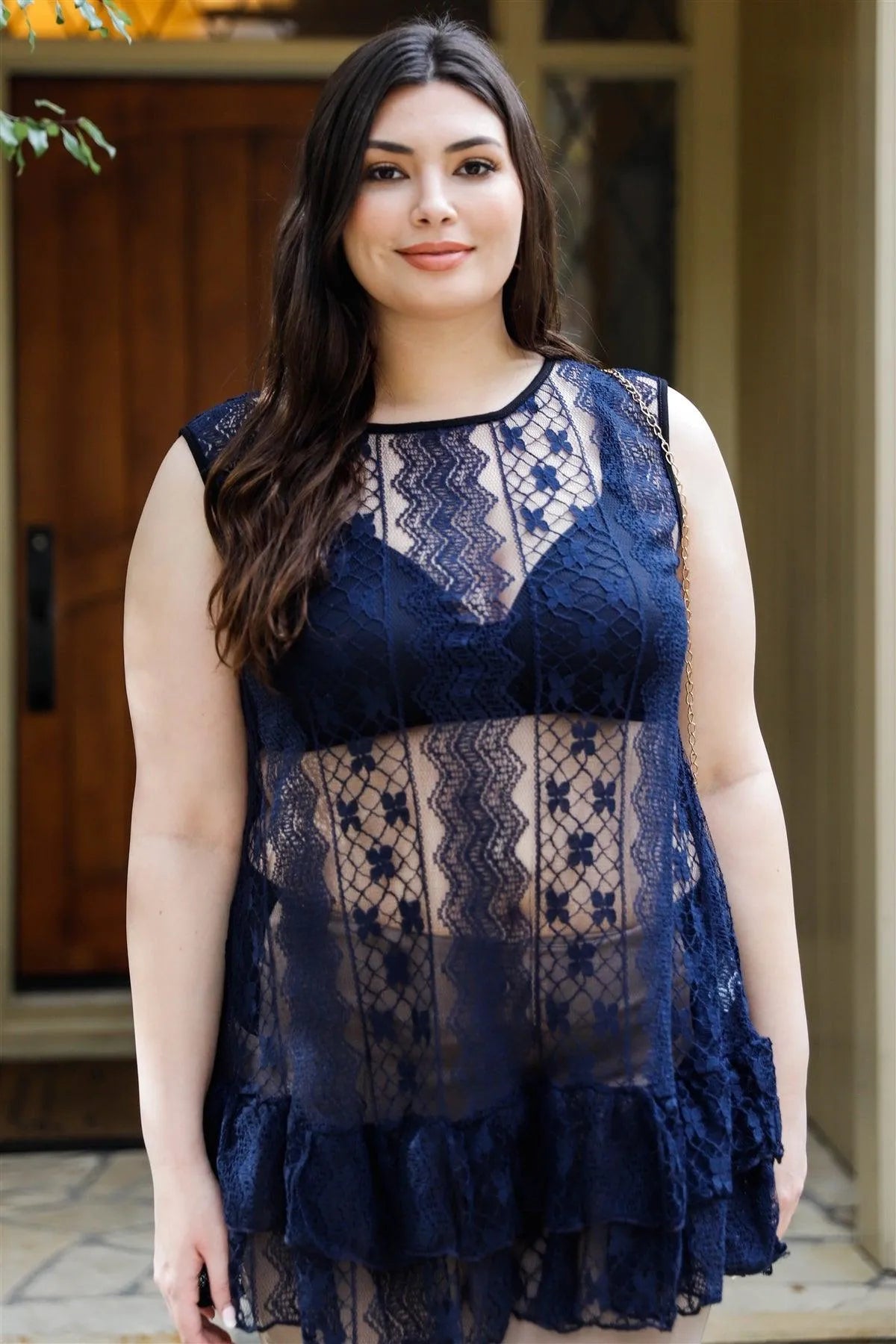 Junior Plus Navy Lace Sheer Ruffle Hem Sleeveless Maxi Top /2-2-2 - Tasha Apparel Wholesale