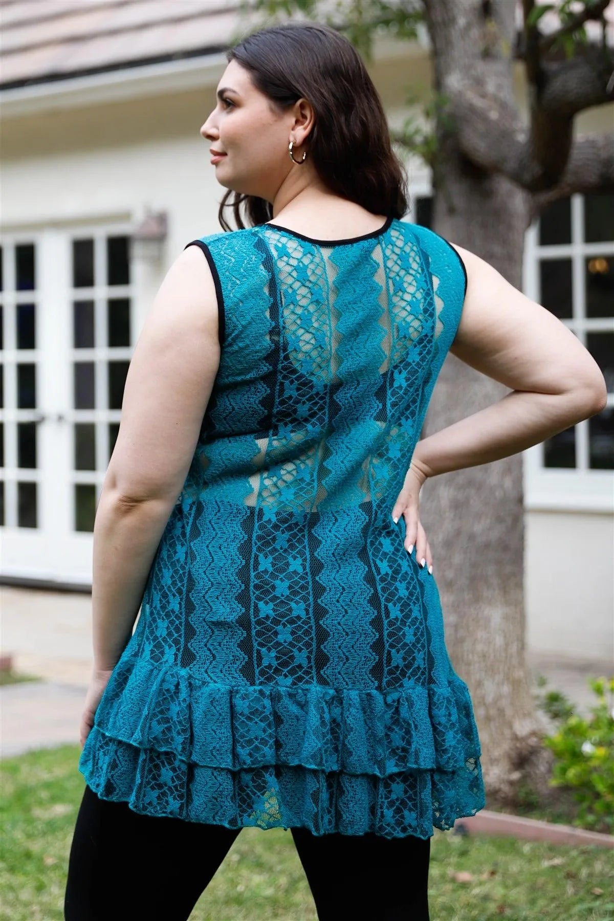 Junior Plus Teal Lace Sheer Ruffle Hem Sleeveless Maxi Top /1-2 - Tasha Apparel Wholesale