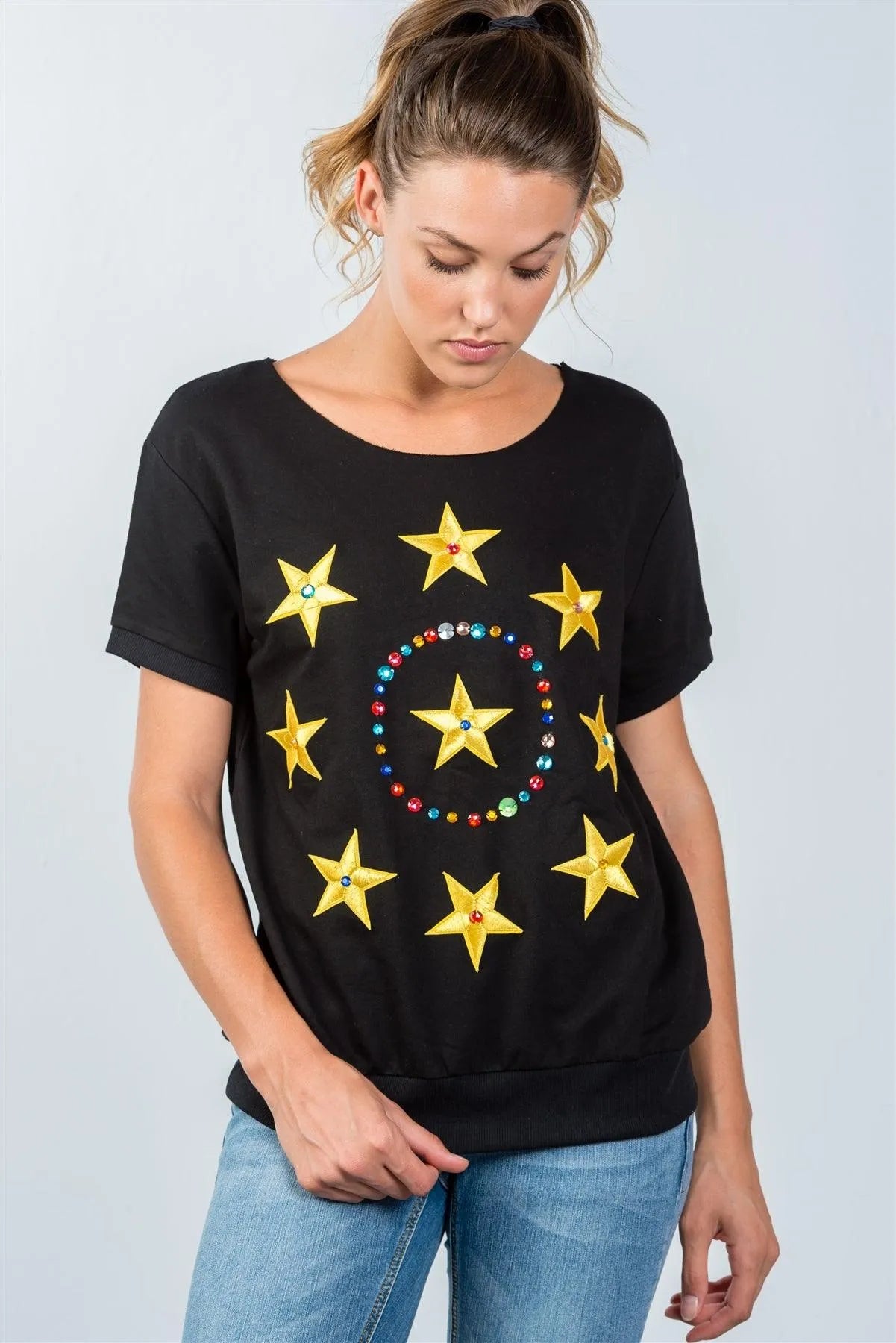 Black And Gold Star Embroidered Textured SweatShirt / 2-2-2 - Tasha Apparel Wholesale