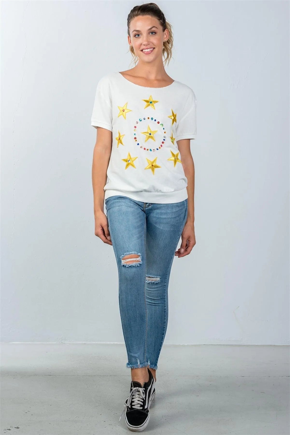 White And Gold Star Embroidered Textured SweatShirt / 4-4 - Tasha Apparel Wholesale