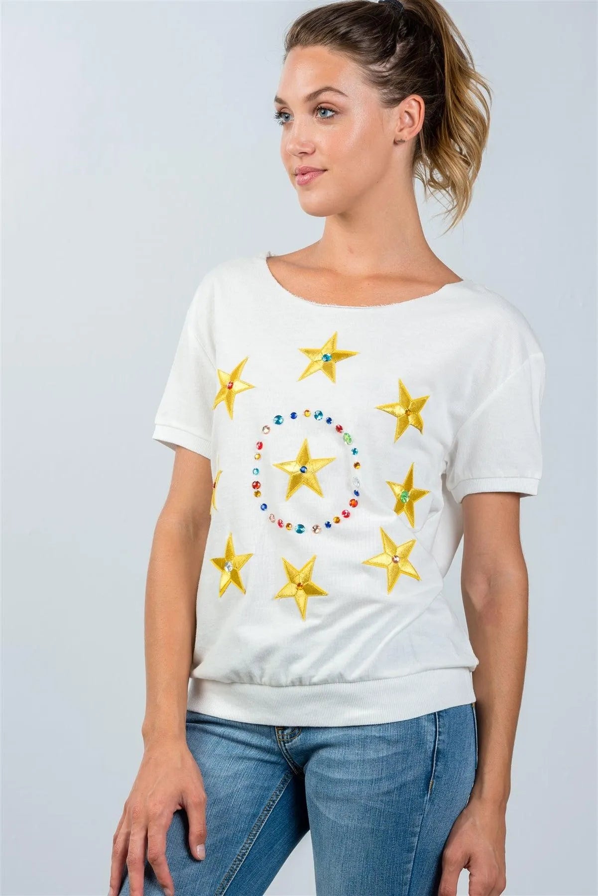 White And Gold Star Embroidered Textured SweatShirt / 4-4 - Tasha Apparel Wholesale