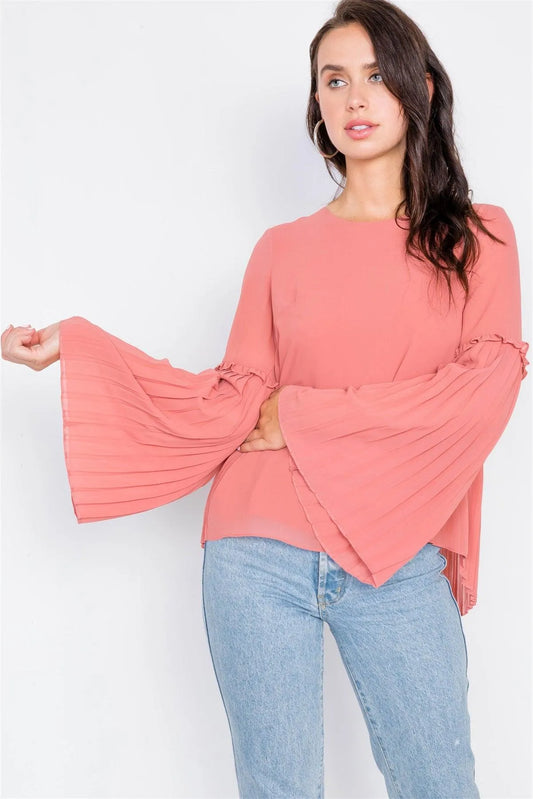 Mauve Pleated Semi-Sheer High-Low Chiffon Blouse /2-2-2 - Tasha Apparel Wholesale