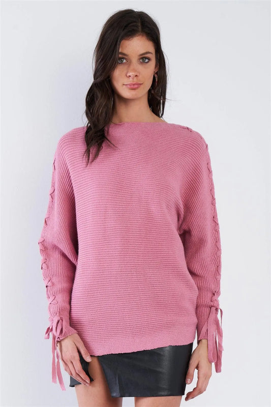 Mauve Pink Lace Up Drop Shoulder Relaxed Fit Knit Sweater /2-2-2 - Tasha Apparel Wholesale