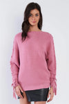 Mauve Pink Lace Up Drop Shoulder Relaxed Fit Knit Sweater /3-2-1 - Tasha Apparel Wholesale