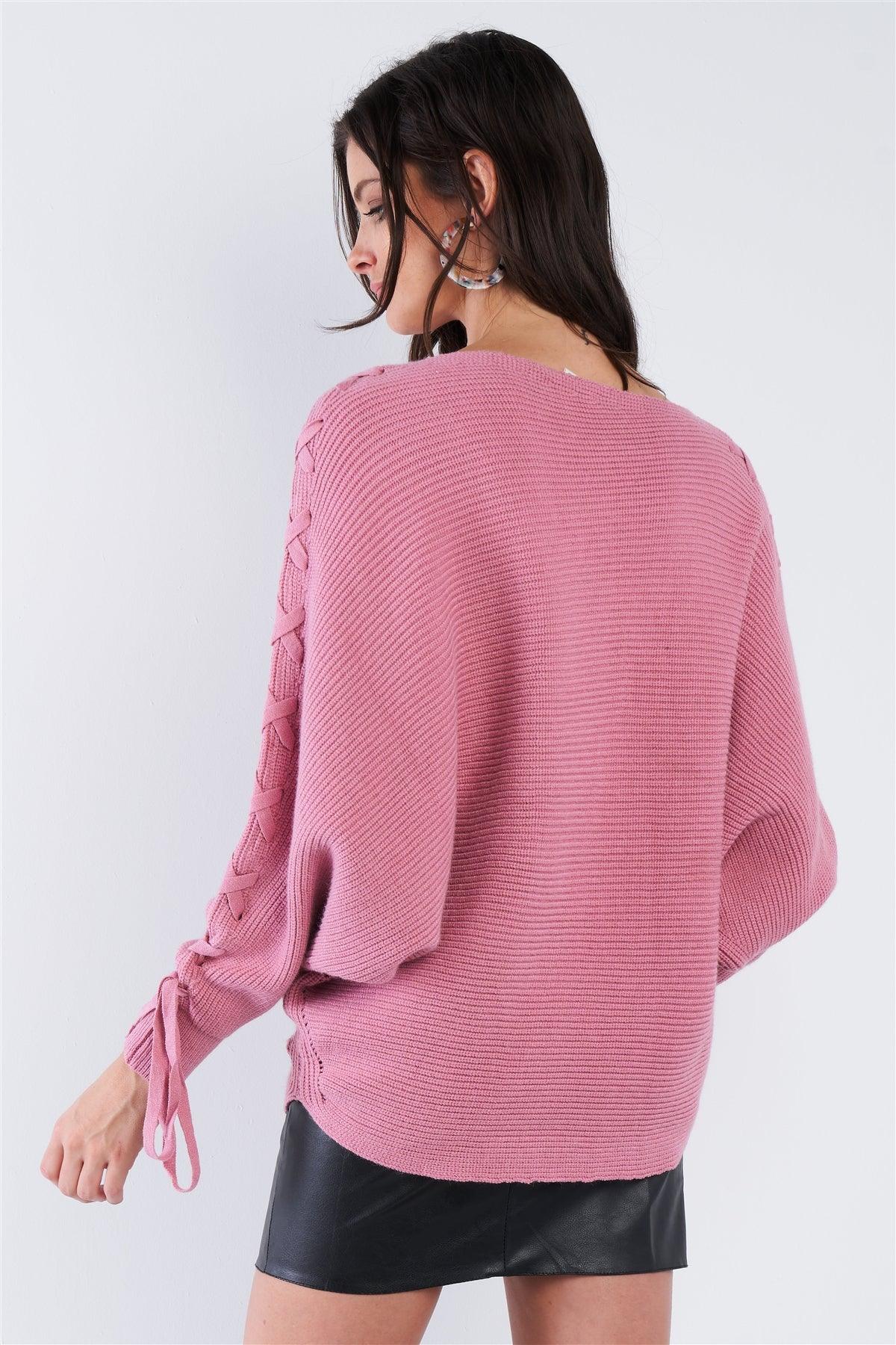 Mauve Pink Lace Up Drop Shoulder Relaxed Fit Knit Sweater /3-2-1