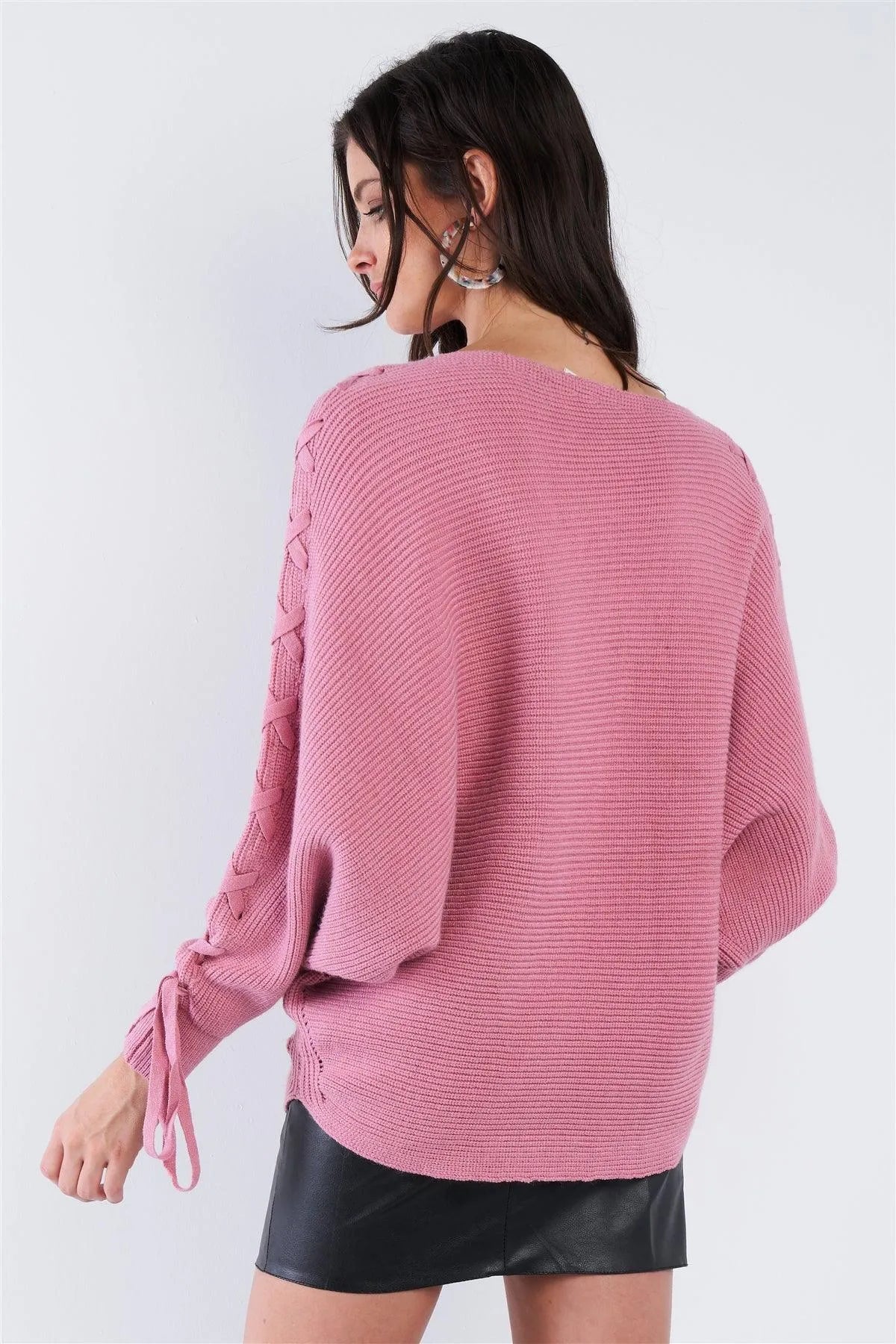 Mauve Pink Lace Up Drop Shoulder Relaxed Fit Knit Sweater /3-2-1 - Tasha Apparel Wholesale