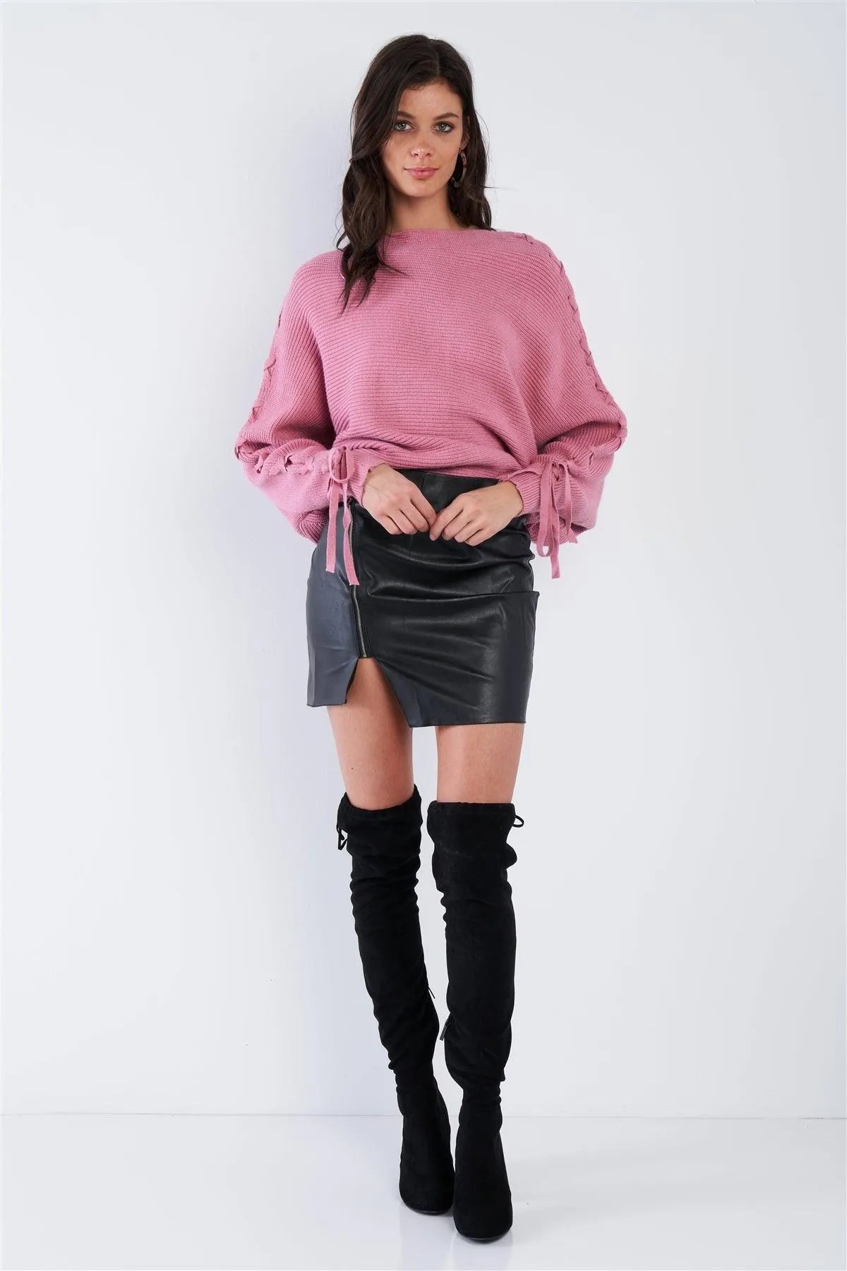 Mauve Pink Lace Up Drop Shoulder Relaxed Fit Knit Sweater /3-2-1 - Tasha Apparel Wholesale