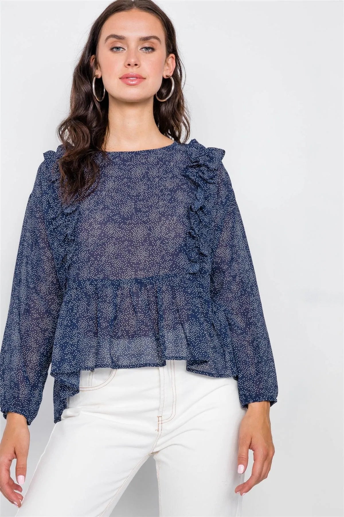 Navy High-Low Peplum Ruffle Polka dot Top /2-2-2 - Tasha Apparel Wholesale
