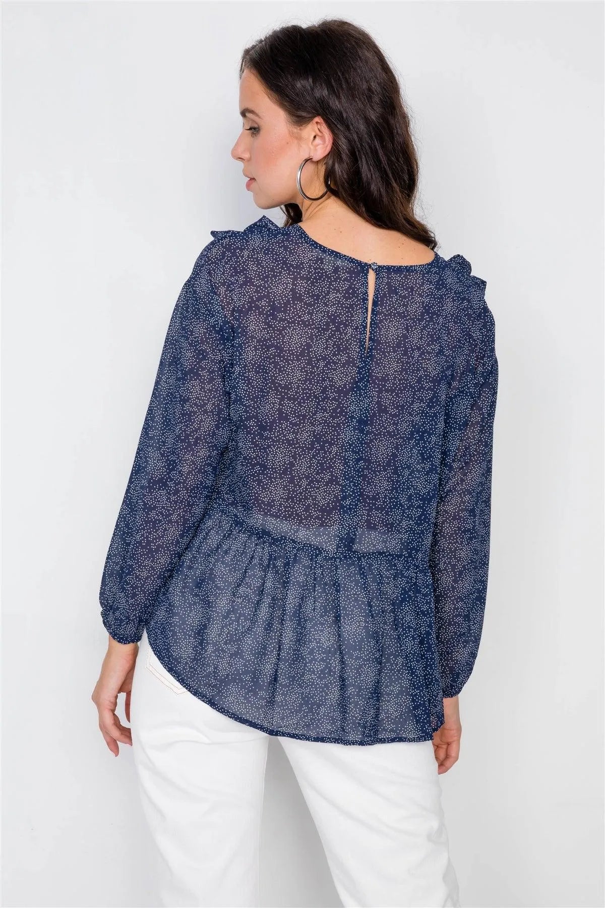 Navy High-Low Peplum Ruffle Polka dot Top /2-2-2 - Tasha Apparel Wholesale