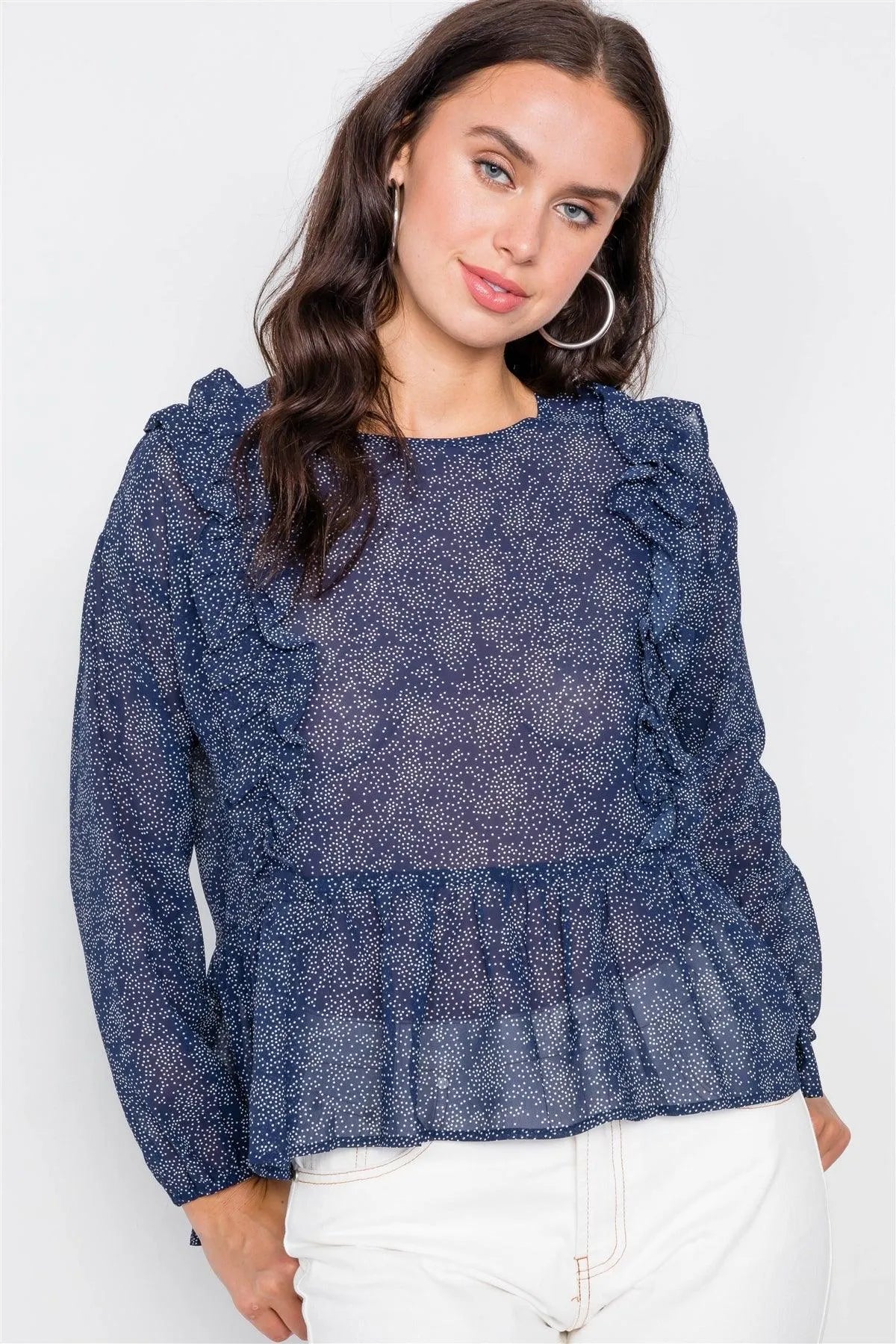 Navy High-Low Peplum Ruffle Polka dot Top /2-2-2 - Tasha Apparel Wholesale