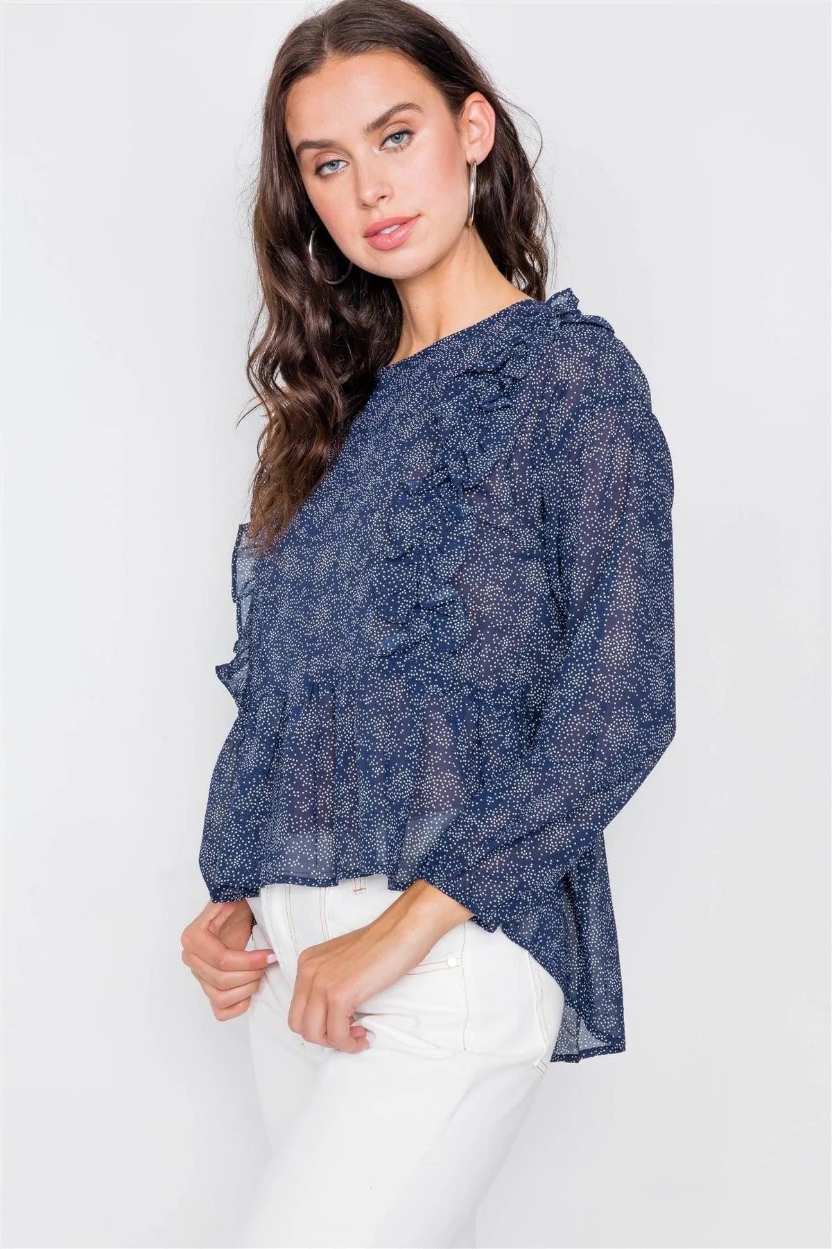 Navy High-Low Peplum Ruffle Polka dot Top /2-2-2 - Tasha Apparel Wholesale