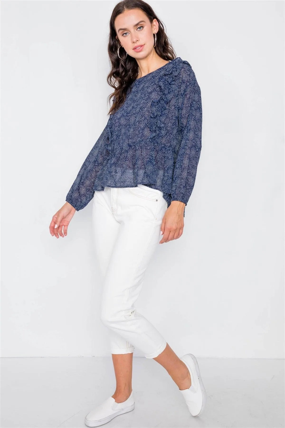 Navy High-Low Peplum Ruffle Polka dot Top /2-2-2 - Tasha Apparel Wholesale