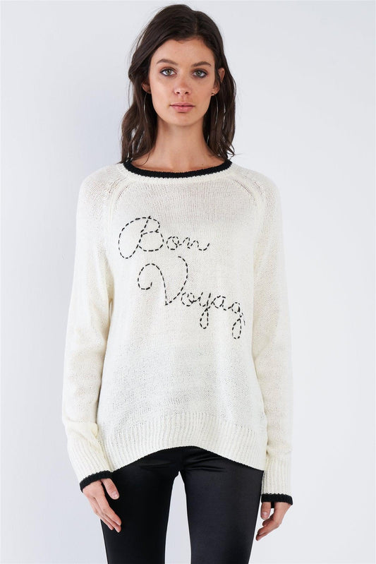 Cream White & Black Trim "Bon Voyage" Relaxed Fit Sweater /2-2-2 - Tasha Apparel Wholesale