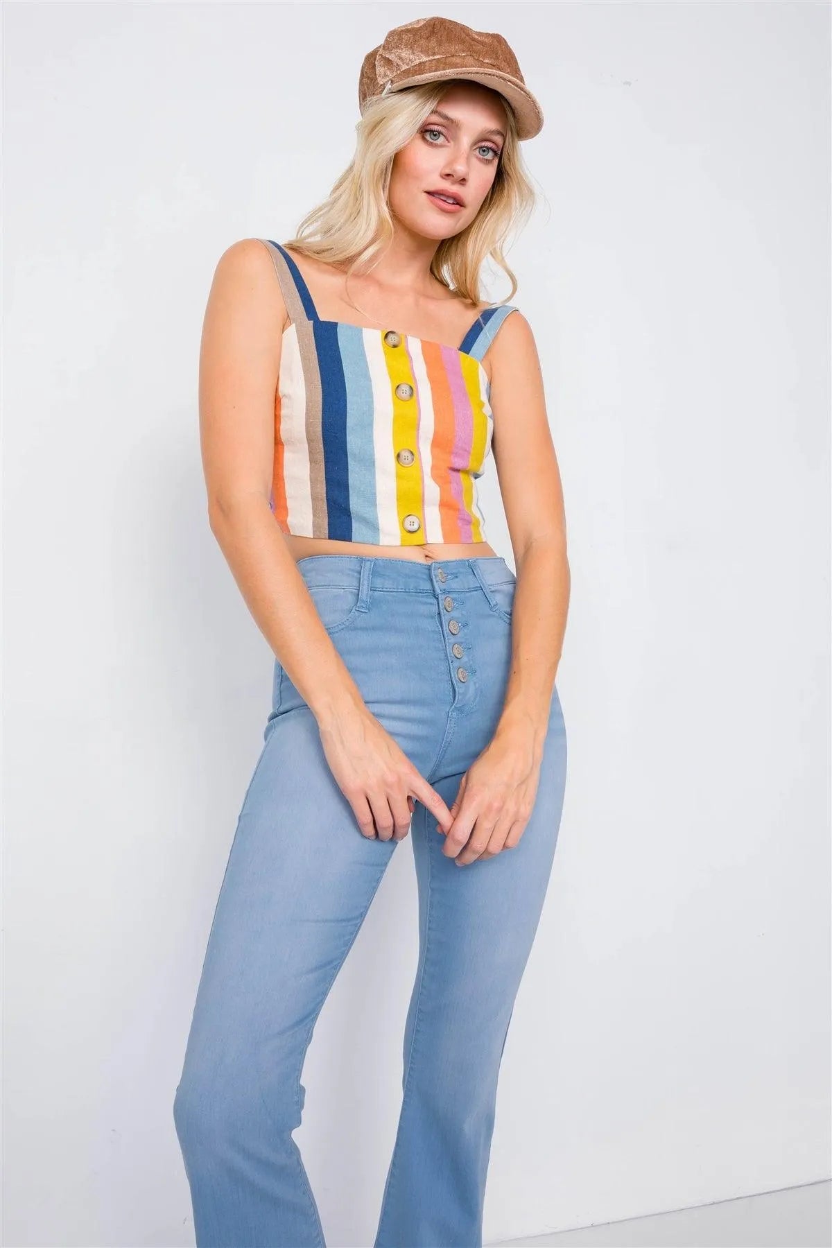 Multi Vintage Stripe Ruched Back Sleeveless Chic Crop Top /2-1-3 - Tasha Apparel Wholesale