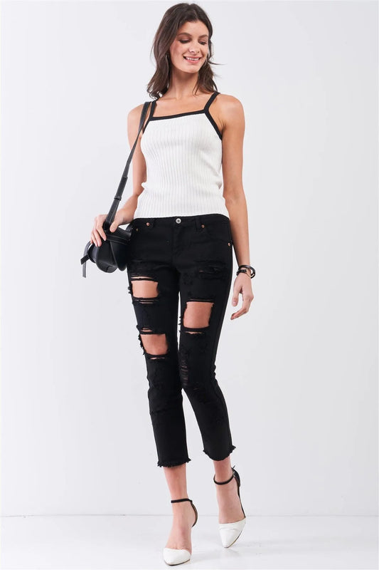 Ivory & Black Sleeveless Ribbed Knit Basic Cami Top /2-2 - Tasha Apparel Wholesale