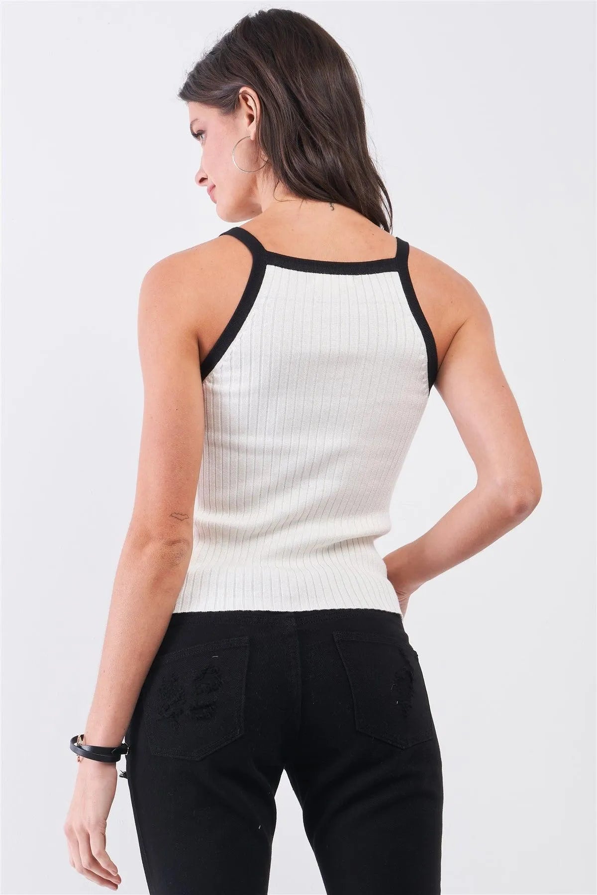 Ivory & Black Sleeveless Ribbed Knit Basic Cami Top /2-2 - Tasha Apparel Wholesale