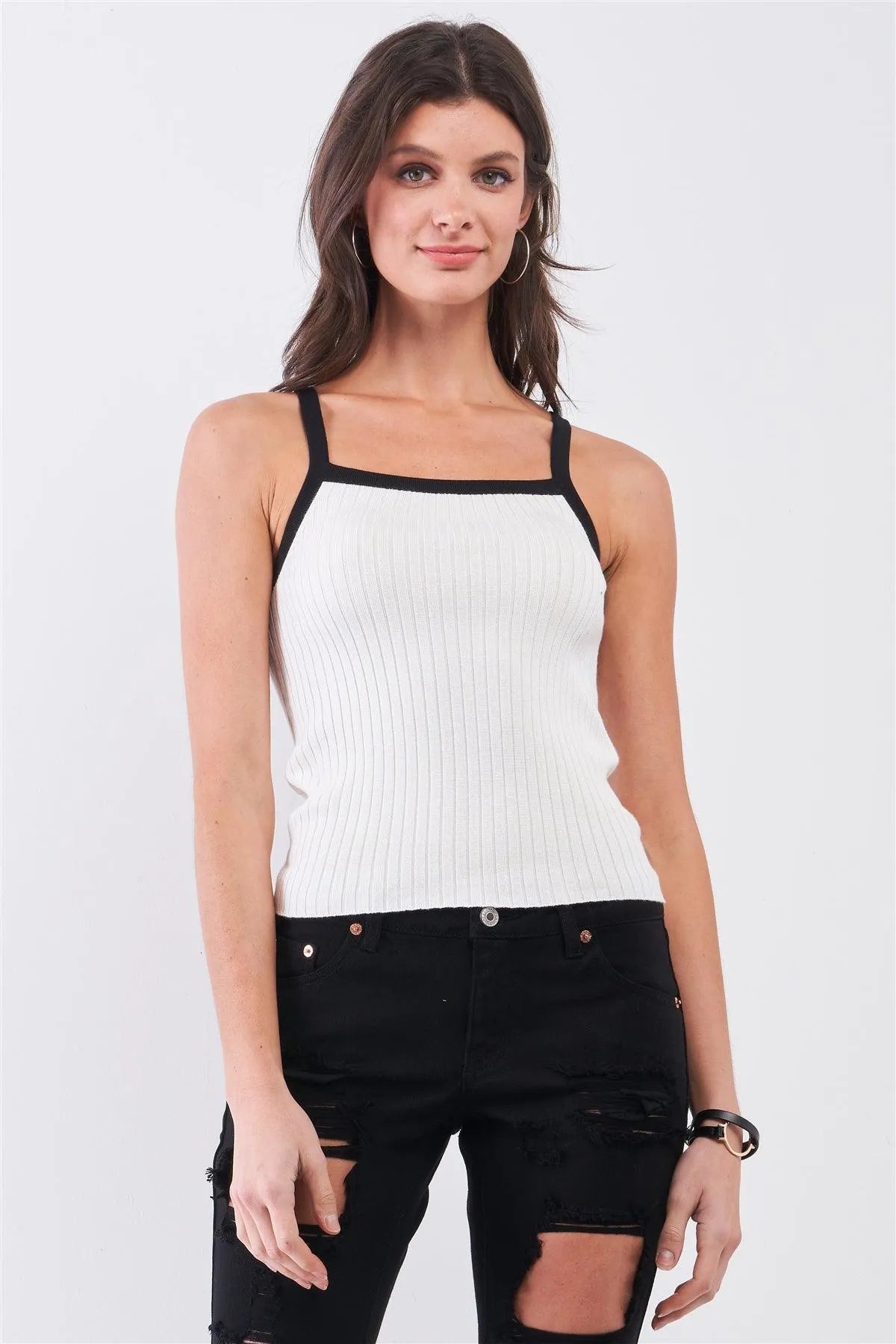 Ivory & Black Sleeveless Ribbed Knit Basic Cami Top /2-2 - Tasha Apparel Wholesale