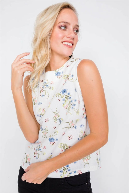 Ivory Multi Mixed Linen Chic Floral Sleeveless Tank Top /1-2-2 - Tasha Apparel Wholesale