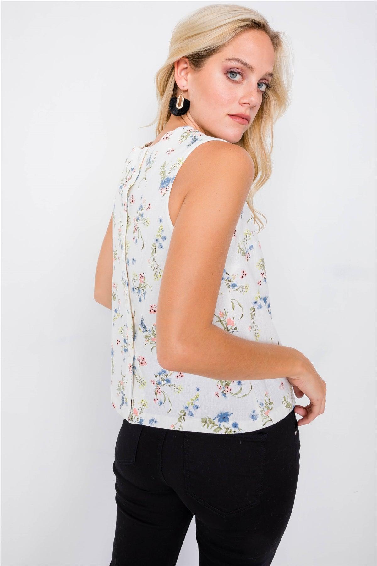 Ivory Multi Mixed Linen Chic Floral Sleeveless Tank Top /1-2-2