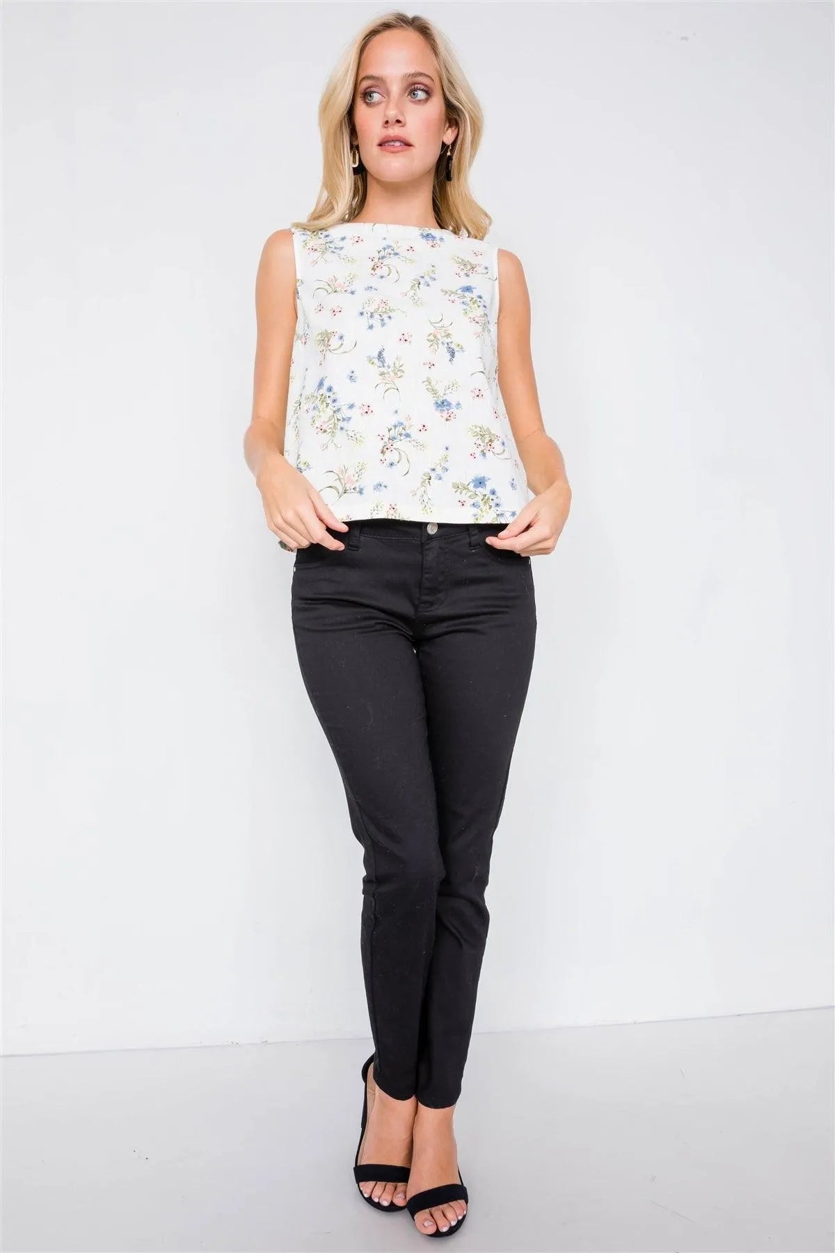 Ivory Multi Mixed Linen Chic Floral Sleeveless Tank Top /2-2-2 - Tasha Apparel Wholesale