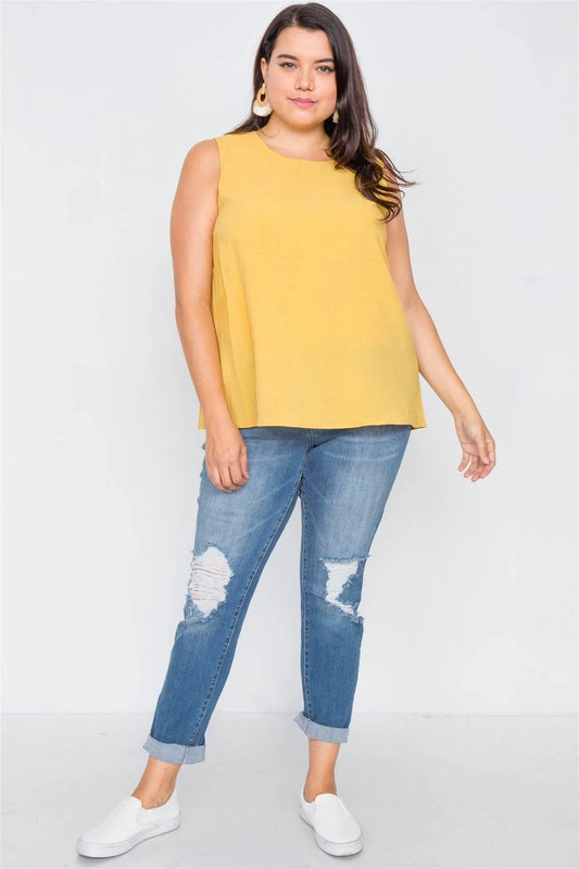 Plus Size Mustard Semi-Sheer Casual Back Button Tank / 2-2-1 - Tasha Apparel Wholesale