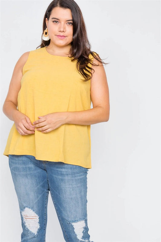 Plus Size Mustard Semi-Sheer Casual Back Button Tank / 1-2-2-1 - Tasha Apparel Wholesale