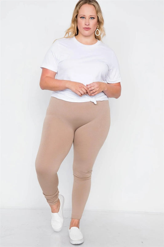 Plus Size Beige Fleece Lined Solid Leggings /7 - Tasha Apparel Wholesale