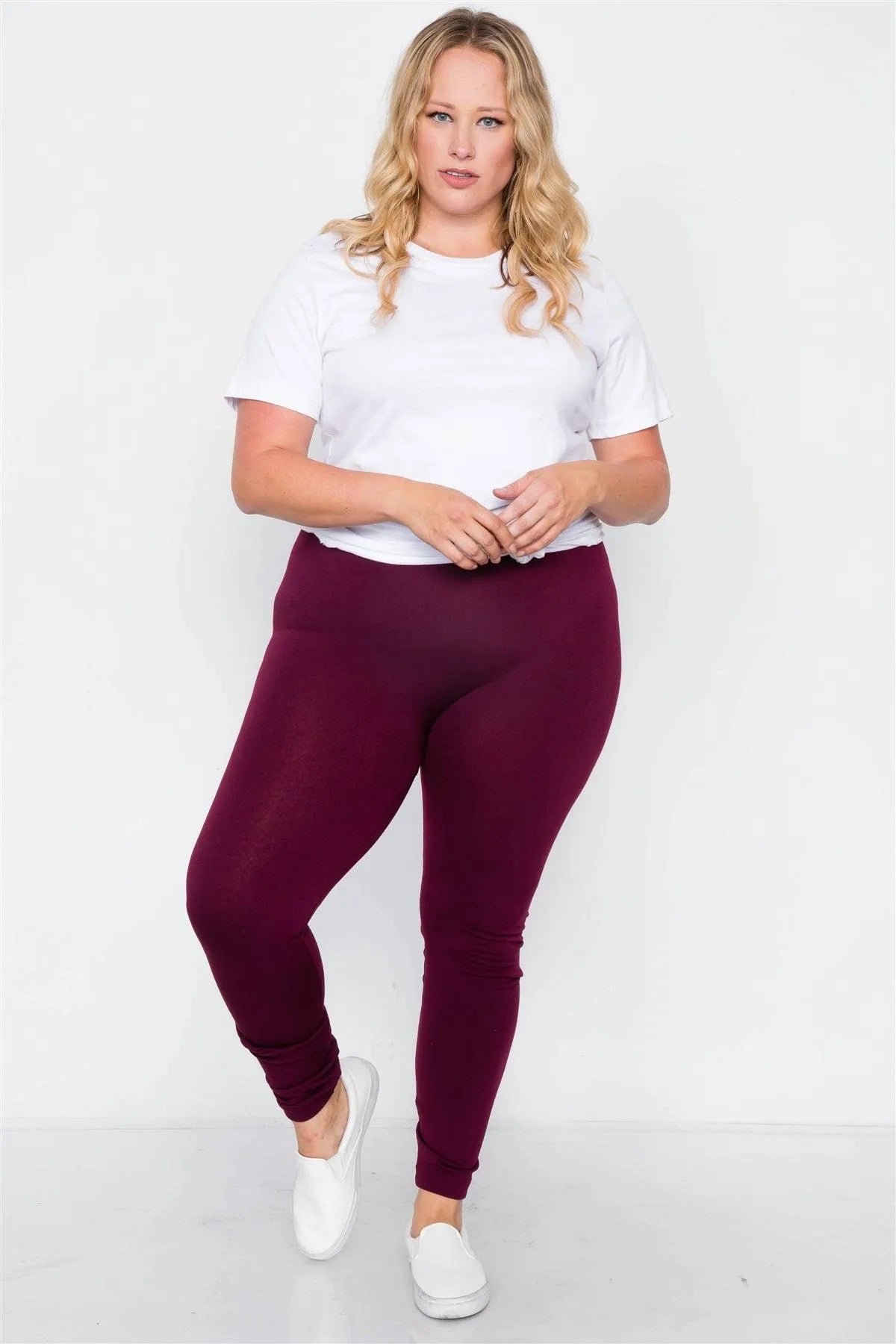 Plus Size Burgundy Fleece Lined Solid Leggings /7 - Tasha Apparel Wholesale