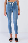 Light Blue Wash Shoelace Tie High Waisted Ankle Length Jean Pants /2-2-2 - Tasha Apparel Wholesale
