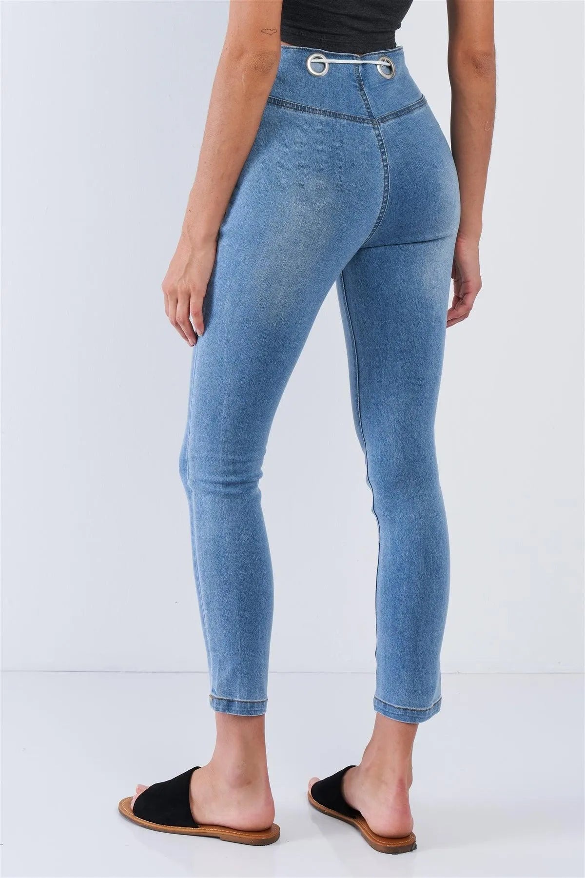 Light Blue Wash Shoelace Tie High Waisted Ankle Length Jean Pants /2-2-2 - Tasha Apparel Wholesale