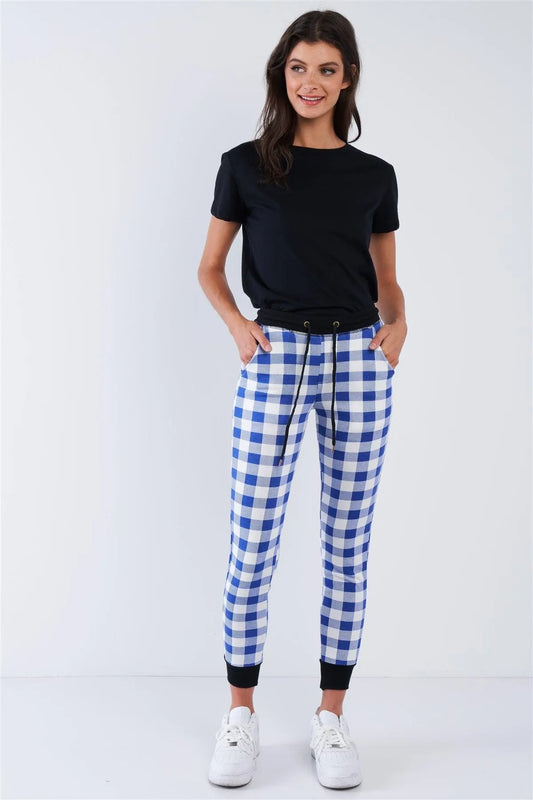 Blue And White Checkered Fitted Jogger Sweat Pants - Tasha Apparel Wholesale