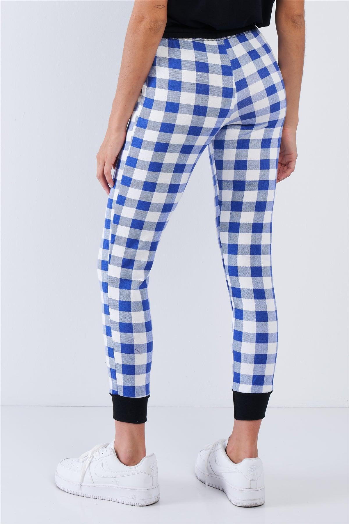 Blue And White Checkered Fitted Jogger Sweat Pants