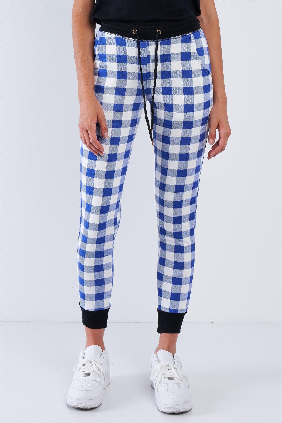 Blue And White Checkered Fitted Jogger Sweat Pants