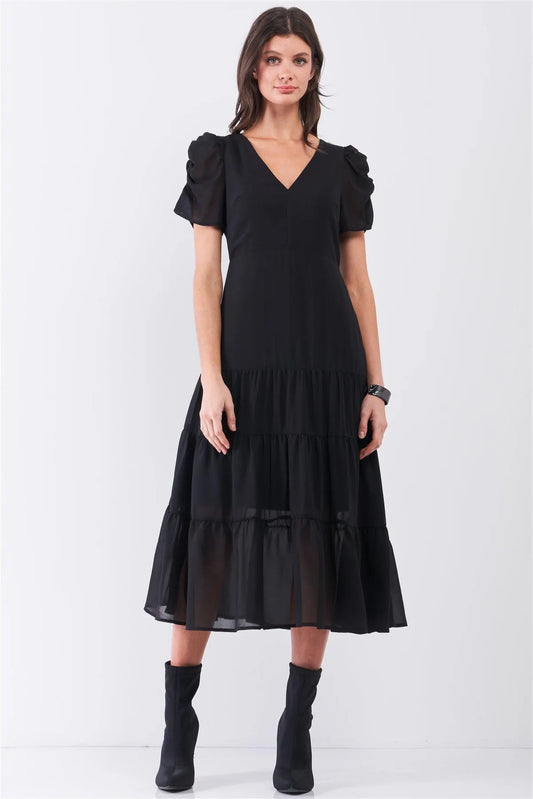 Black Short Ruched Sleeve V-Neck Tiered Midi Dress /2-2-2 - Tasha Apparel Wholesale